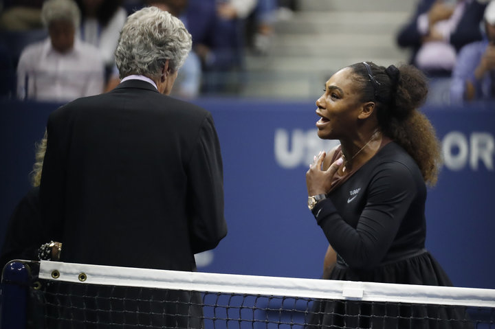 Sep 8, 2018; New York, NY, USA; Serena Williams of the United States argues with tournament referee Brian Earley (L) after being assessed a game penalty in her match against Naomi Osaka of Japan (not pictured) in the womens final on day thirteen of the 2018 U.S. Open tennis tournament at USTA Billie Jean King National Tennis Center. Mandatory Credit: Geoff Burke-USA TODAY Sports